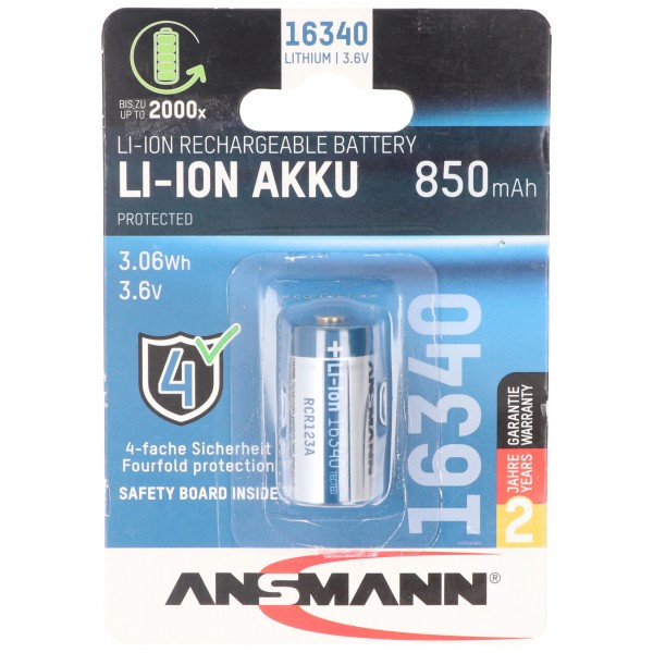 Ansmann Li-ion batteri CR123A, 16340, 3,6V til 3,7V, 850mAh 17×17x35mm med beskyttelseskredsløb
