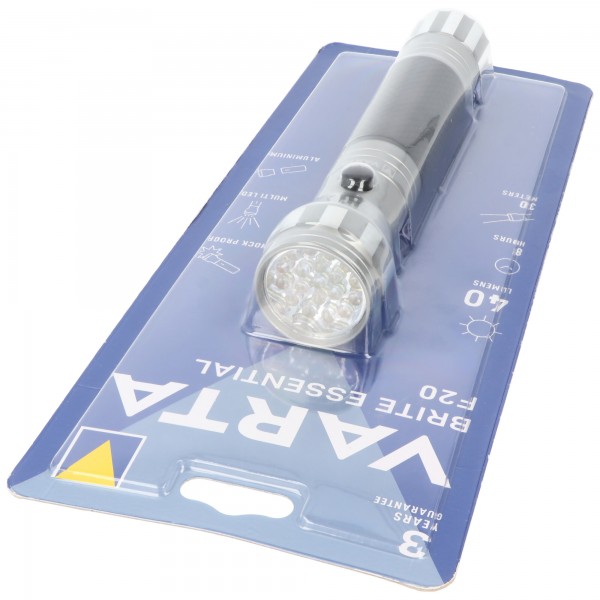 Varta LED lommelygte Brite Essential F20 40lm, ekskl. 2x batteri Baby C, detail blisterpakning