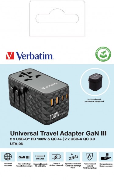 Verbatim opladningsadapter, Universal Travel, UTA-06, GaN III, 100W 2x USB-A QC, 2x USB-C PD, 100-250V, detailhandel