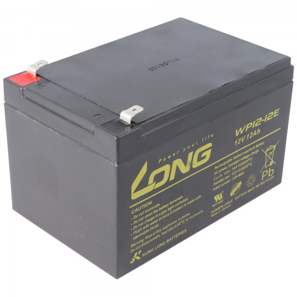 Kung Long WP12-12E F2 cyklusresistent bly-fleece batteri, 12V, 12Ah med 6,3 mm Faston-forbindelse