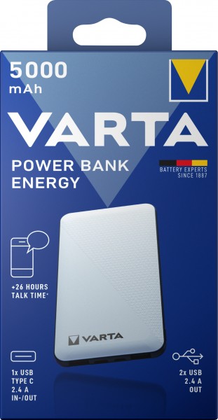 Varta batteri powerbank, 5V/5.000mAh, Energi, hvid 2xUSB-A/Micro-B/-C