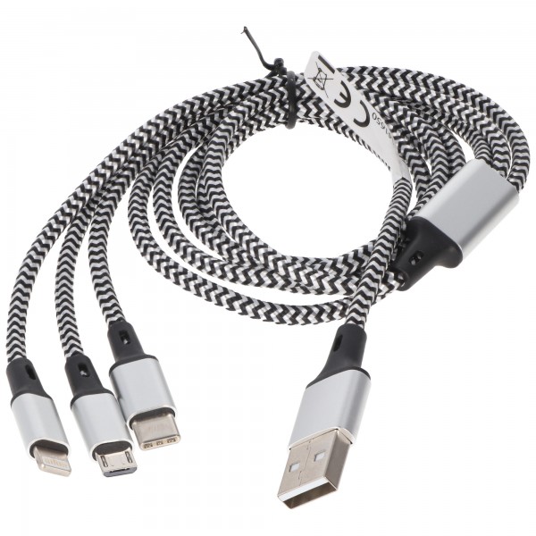 Universal ladekabel 3i1 til Apple, USB-C, Miucro-USB robust med TPE-beklædning, aluminiumstik