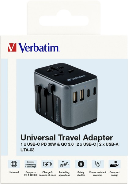 Verbatim opladningsadapter, Universal Travel, UTA-03, sort 100-250V, 2x USB Type-A, 3x USB Type-C, PD/QC, Detail