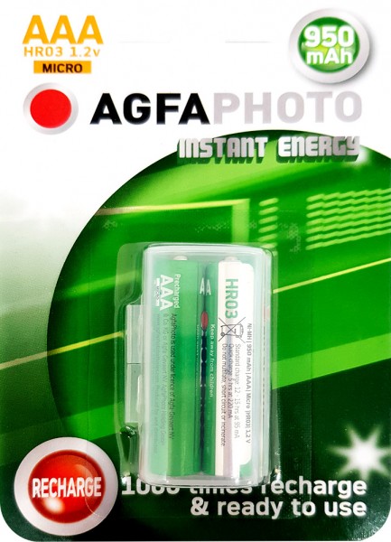 Agfaphoto genopladeligt batteri NiMH, Micro, AAA, HR03, 1,2V/950mAh Instant Energy, Foropladet, Retail Blister (2-Pack)