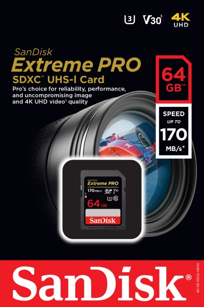 Sandisk SDXC-kort 64GB, Extreme PRO, U3, UHS-I, 4K UHD (R) 170MB/s, (W) 90MB/s, detailblister