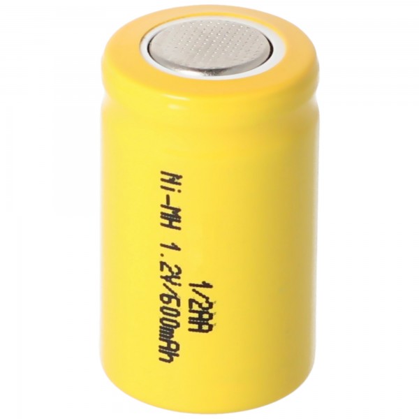 1 / 2AA batteri med 1,2 Volt spænding og 600mAh kapacitet, 25,5 x 14,5 mm