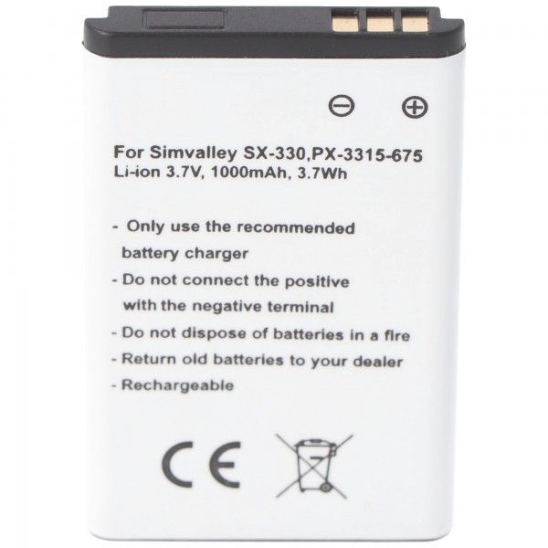 Batteri passer til Simvalley SX-330, PX-3315-675, Li-ion, 3,7V, 1000mAh, 3,7Wh