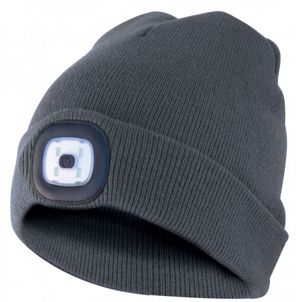 Hat med LED-frontlys, strikket hat med LED-lys ideel til jogging, camping, arbejde, gå osv., Genopladelig via USB og vaskbar, mørkegrå