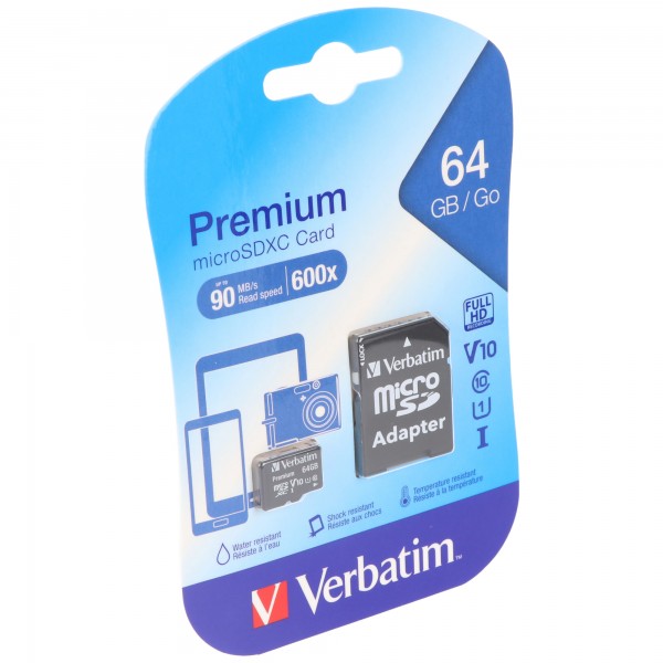 Verbatim microSDXC-kort 64GB, Premium, Klasse 10, U1 (R) 90MB/s, (W) 10MB/s, SD-adapter, detailblister