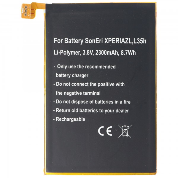 Batteri passer til Sony Ericsson XPERIA ZL, L35h, Li-Polymer, 3.8V, 2300mAh, 8.7Wh, indbygget, uden værktøj