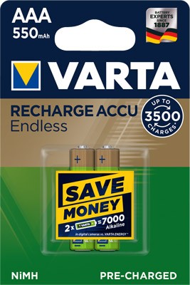 Varta Recharge Accu Endless 56663101402 AAA LR03 Genopladeligt Batteri 2er Blister 1.2 Volt 550mAh op til 3500x genopladeligt, inklusive gratis AccuCell batteriboks