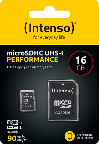 Intenso microSDHC-kort 16 GB, ydeevne, klasse 10, U1 (R) 90 MB/s, (W) 10 MB/s, SD-adapter, detailblister