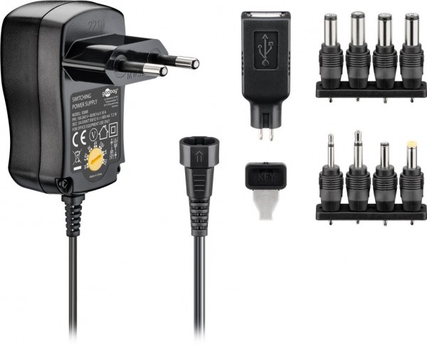 3 V - 12 V universal strømforsyning inklusive 1 USB og 8 DC adaptere - maks. 7,2 W og 0,6 A