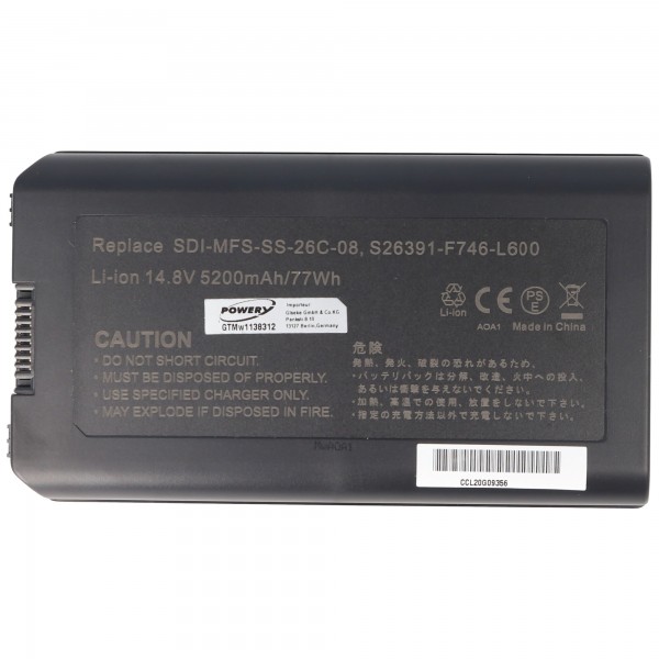Batteri passer til Fujitsu-Siemens SDI-MFS-SS-26C-08 batteri, Fujitsu Siemens SDI-MFS-SS-26C-08, 14.8V 5200mAh