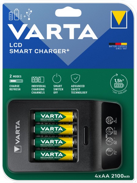 Varta genopladeligt batteri NiMH, universal oplader, LCD Smart Charger+ inkl. batterier, 4x Mignon, AA, 2100mAh, USB
