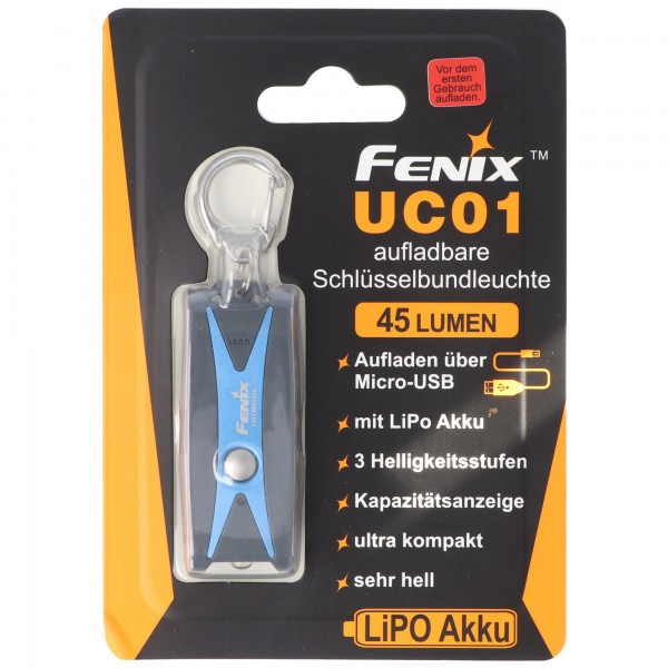 Fenix UC01 LED lommelygte i blåt hus, nøglering med batteri og USB opladningsfunktion