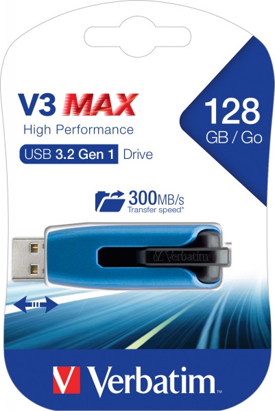 Verbatim USB 3.2 Stick 128GB, V3 MAX, blå-sort Type-A, (R) 300MB/s, (W) 70MB/s, detailblister