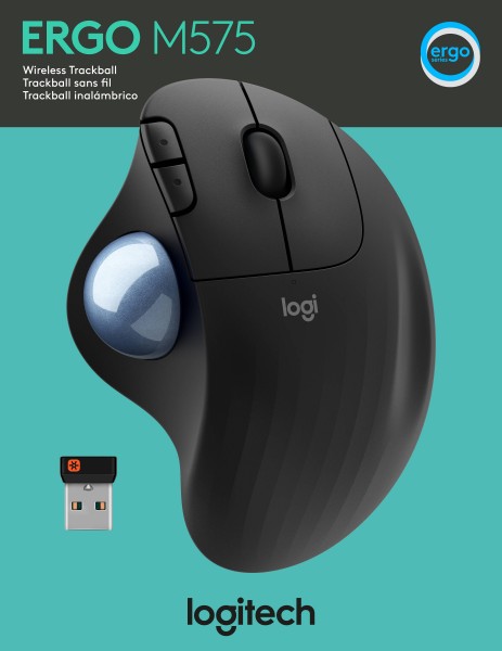 Logitech Mouse M575, Ergo, Wireless, Unifying, Bluetooth, grafit optisk, 400-2000 dpi, 5 knapper, trackball, detailhandel