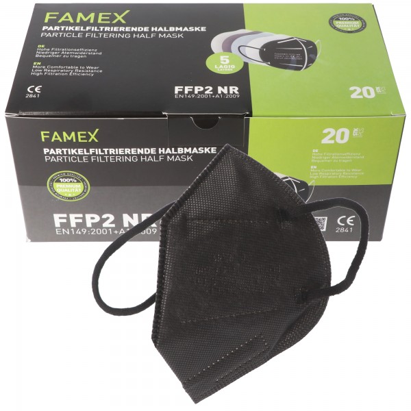 20 stykker FFP2 maske sort 5-lags, certificeret i henhold til DIN EN149: 2001 + A1: 2009, partikelfiltrering halvmaske, FFP2 beskyttelsesmaske