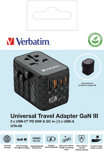 Verbatim opladningsadapter, Universal Travel, UTA-05, GaN III, 65W 1x USB-A, 1x USB-A QC, 2x USB-C PD, 100-250V, detailhandel