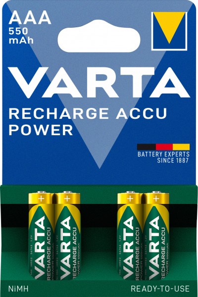 Varta batteri NiMH, Micro, AAA, HR03, 1,2V/550mAh Accu Power, Foropladet, Retail Blister (4-Pack)