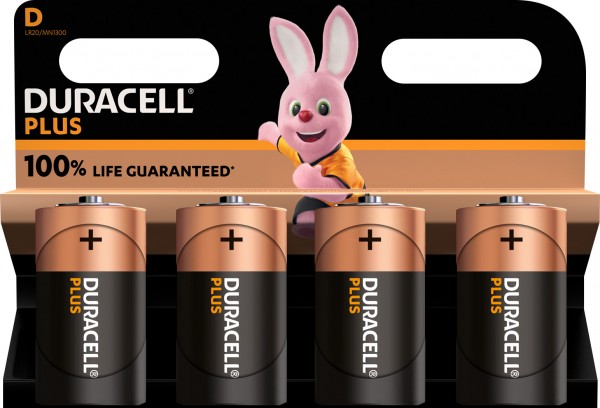 Duracell batteri alkalisk, mono, D, LR20, 1,5V Plus, ekstra levetid, detailblister (4-pak)