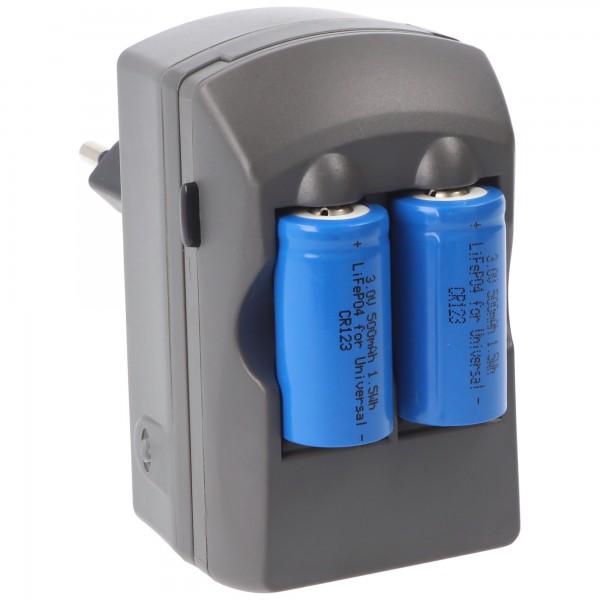 CR123A 2-gange oplader inkluderet 2 stk. Li-ion batterier CR123A, men ikke egnet til overvågningskamera og højstrøm forbrugere mv.