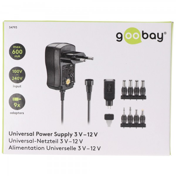 3 V - 12 V universal strømforsyning inklusive 1 USB og 8 DC adaptere - maks. 3,6 W og 0,6 A