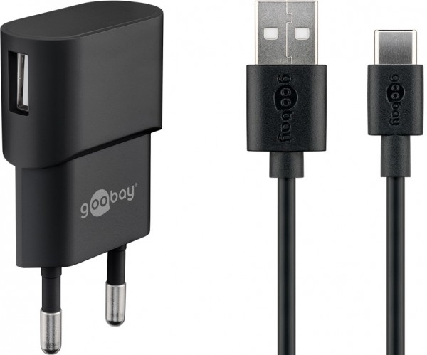 Goobay USB-C™ ladesæt 1 A - strømforsyningsenhed med Type-C™ kabel 1m (sort)