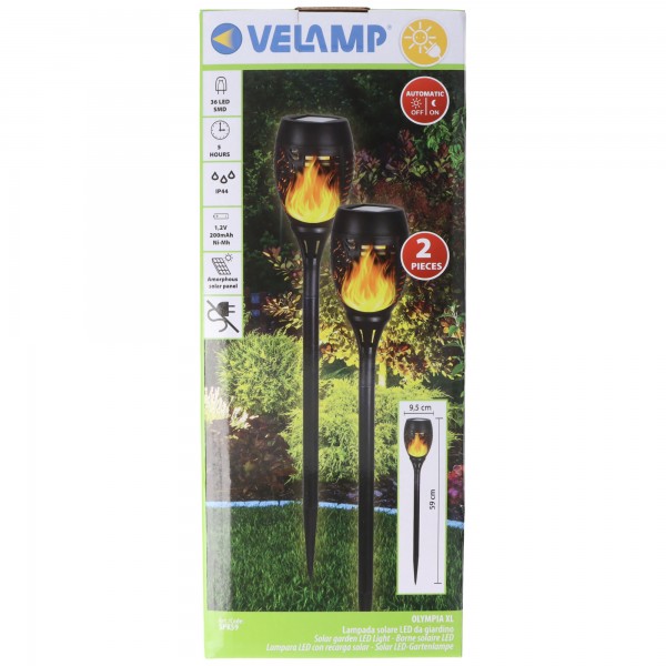 Velamp OLYMPIA XL: sæt med 2 solar havepæle 59 cm &quot;flamme&quot; effekt