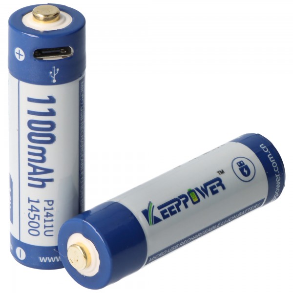 Li-ion batteri Keeppower 14500 - 1100mAh 3,7V - 3,6V med USB-opladningsmulighed og PCB P1411U