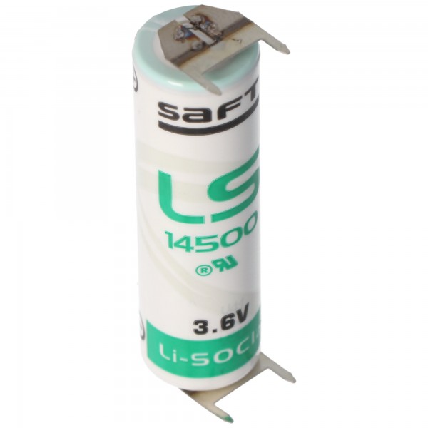 Saft LS14500 AA lithiumbatteri 3,6 volt med printforbindelse, LS14500 LiSOCI2 2600mAh dobbeltprint - / dobbeltprint +