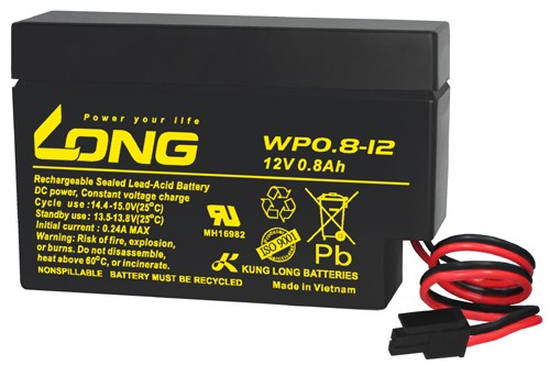Kung Long WP0.8-12 bly-fleece batteri, 12V, 0.8Ah med MOLEX stik