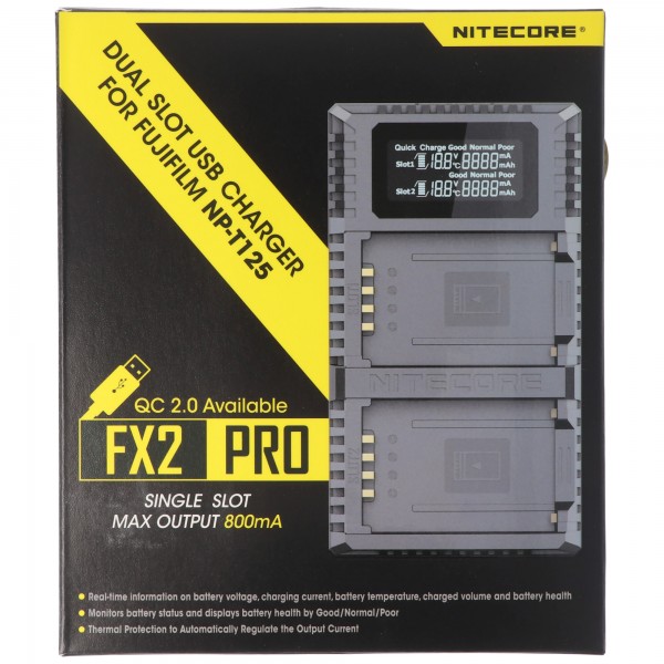 Nitecore FX2 PRO USB oplader, oplader til Fujifilm NP-T125 batteri, passer til Fuji GFX 50S, GFX 50R kameraer