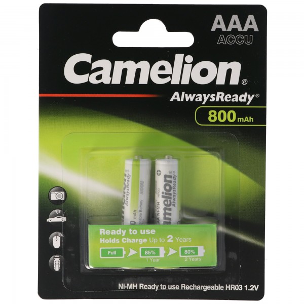 AAA, Micro LR3, HR03, NiMH batteri med 800 mAh i en blisterpakning på 2, altid klar med lav selvafladning, klar til brug batteri
