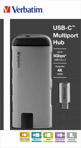 Verbatim Hub, USB 3.1-C, Multiport 3x USB 3.0, HDMI 4K, RJ45 Gigabit, SD/micSD, Strømopladning, USB-C-kabel, 15 cm, Detailhandel