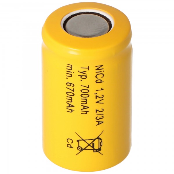 2/3 Et Cadnica NICD batteri Flattop uden loddetabel, 1,2 Volt 700mAh
