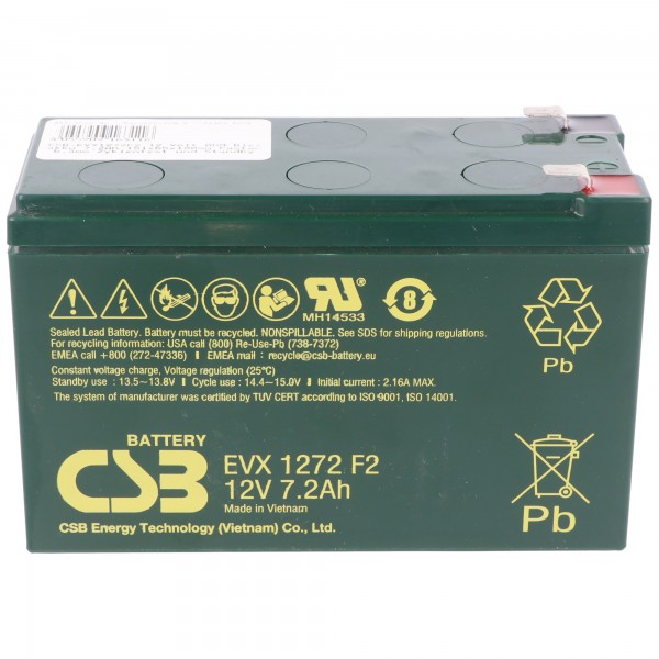 CSB-EVX1272F2 12 volt AGM blybatteri 7.2Ah, 151x65x100mm faston 6.3mm cykler + standby