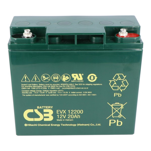 CSB-EVX12200 12 Volt AGM blybatteri 20Ah, 181x76,2x167mm, dyb cyklus, M5 indvendig gevind