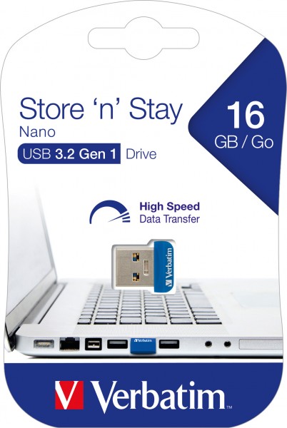 Verbatim USB 3.2 Stick 16GB, Nano Store'n'Stay Type-A, (R) 60MB/s, (W) 12MB/s, detailblister