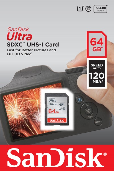 Sandisk SDXC-kort 64GB, Ultra, Klasse 10, UHS-I (R) 120MB/s, detailblister