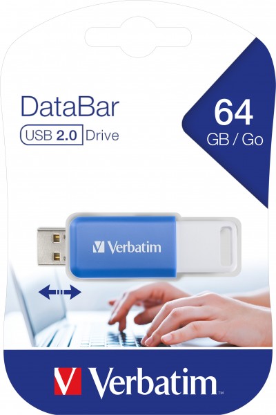 Verbatim USB 2.0 Stick 64GB, DataBar, Blue Type-A, (R) 12MB/s, (W) 5MB/s, detailblister