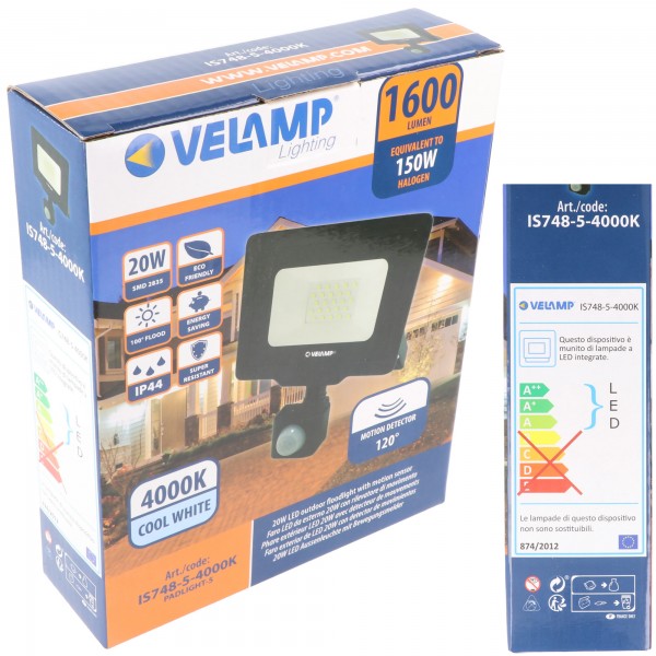 Velamp PADLIGHT5, SMD 20W IP44 LED spotlight, sort, 4000K. Med IR sensor.