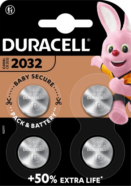 Duracell batteri lithium, knapcelle, CR2032, 3V elektronik, detailblister (4-pak)