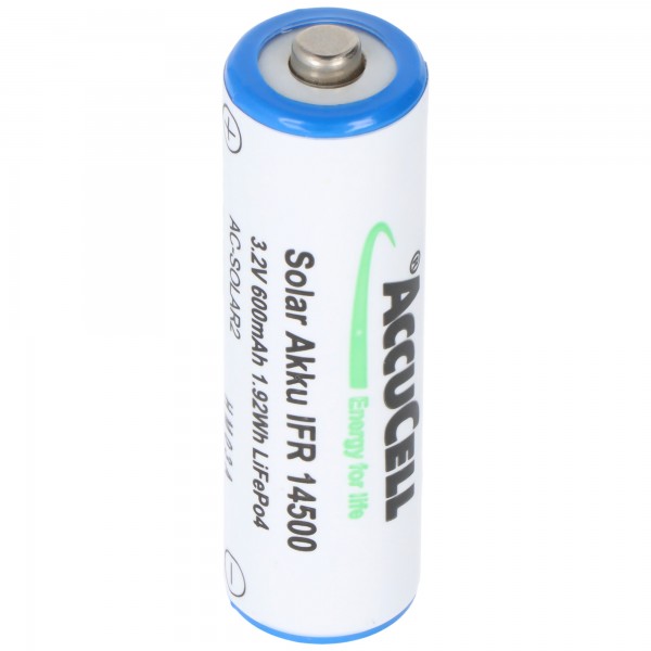 3,2 Volt solbatteri lithium IFR 14500 AA 600mAh LiFePo4 batteri med hoved ubeskyttet 14,2 x 50,6 mm