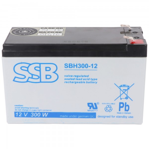 SSB SBH300-12 12V 9Ah blybatteri AGM blygelbatteri, med Faston 6,3 mm, ideelt til højstrømsapplikationer