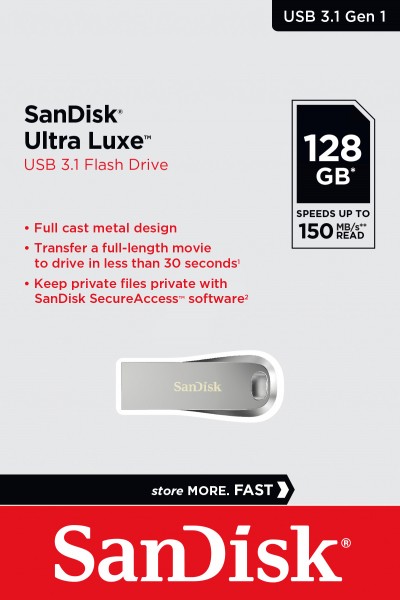 Sandisk USB 3.1 Stick 128GB, Type-A, Ultra Luxe Type-A, (R) 150MB/s, SecureAccess, detailblister