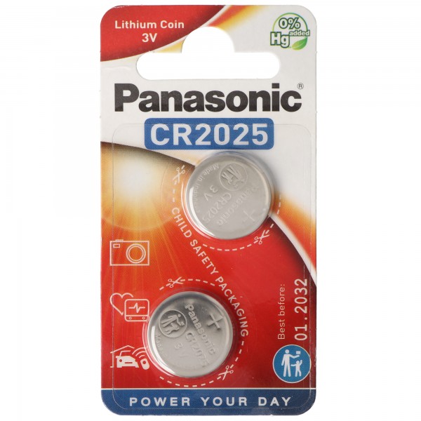 Panasonic batteri lithium, knapcelle, CR2025, 3V elektronik, lithium strøm, detailblister (2-pak)