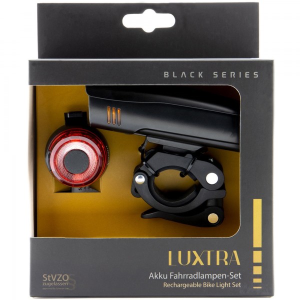 Luxtra LED cykellygtesæt maks. 30 lux, med batteri og USB ladekabel