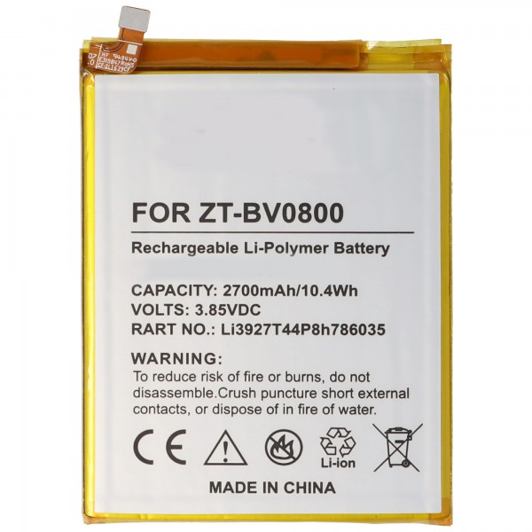Batteri passer til ZTE Blade V8, Li-Polymer, 3.8V, 2730mAh, 10.4Wh, indbygget, uden værktøj